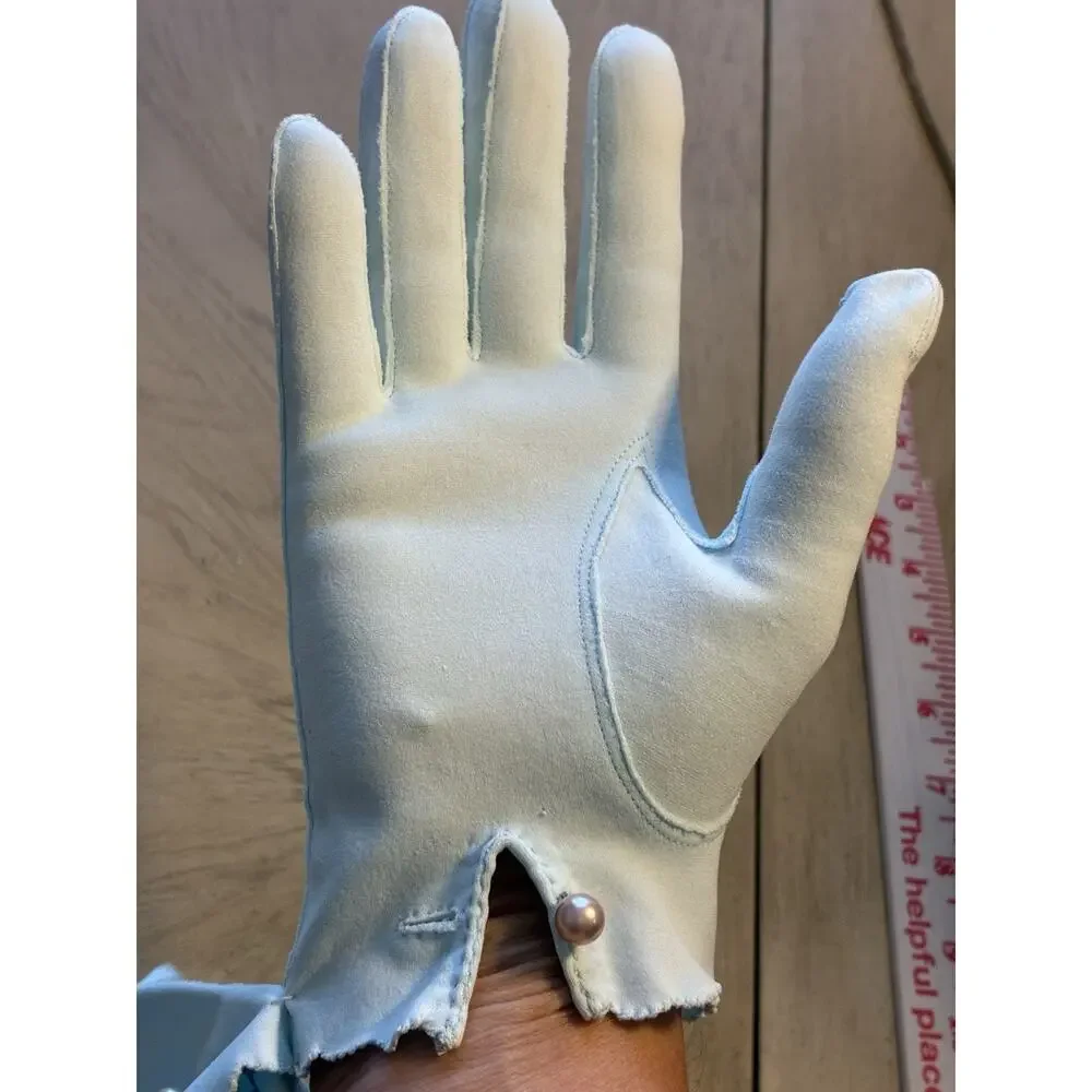 Vintage Van Raalte Baby Blue Amersuede Gloves Scalloped Pearl Button 1950s Med